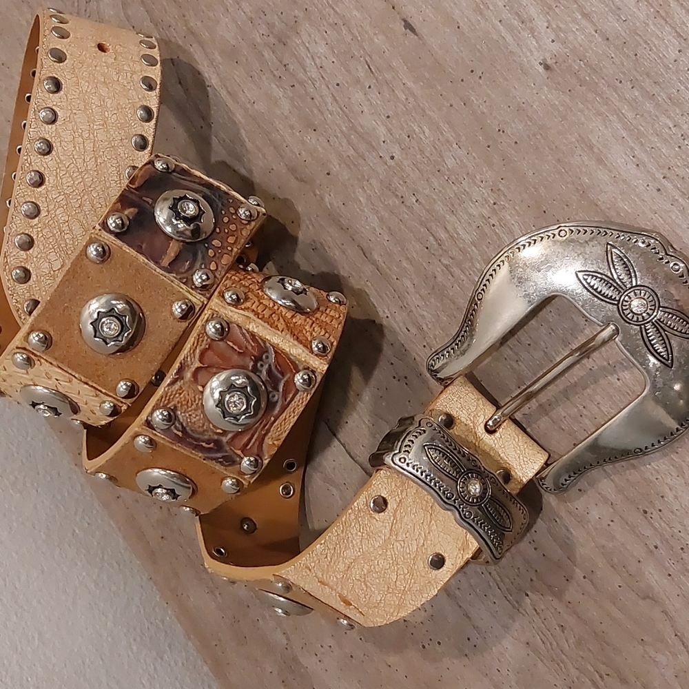 Nanni Brown & beige genuine leather studded belt made in Italy size 34/85 Small